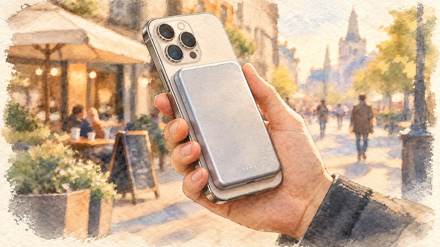 Магнитный MagSafe-пауэрбанк примагничен к iPhone в руке на фоне уличного кафе